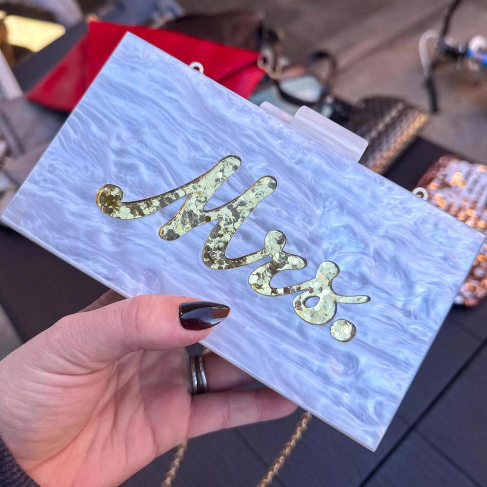 "Mrs." Acrylic Clutch with Gold Script and Chain Strap